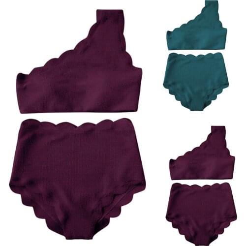 Solid Color Lady One Shoulder Scalloped High Waist Bikini Set Two-piece Swimsuit