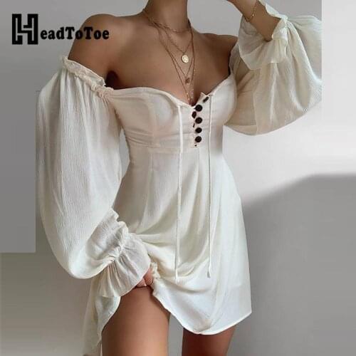 Off Shoulder Button Design Lantern Sleeve Dress