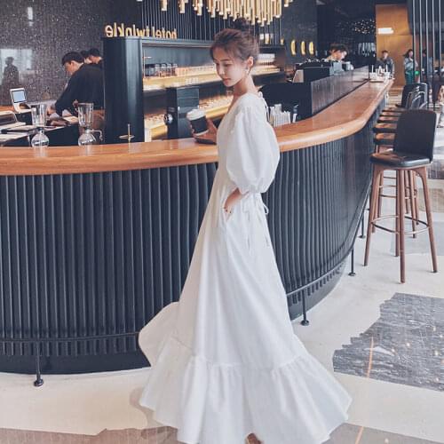 French Women White Long Dress First Love Sweet Puff Sleeve Waist Was Thin and Temperament Fishtail Summer Dresses