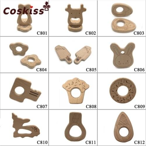 10pcs Safe Doughnut Baby Teething Wooden Teether Cute Design Wooden Ring Animal Shape Toy handmade wooden Baby Show teether