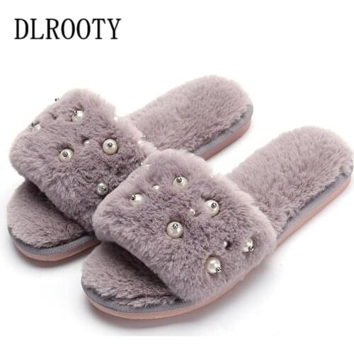 Women Flips Flops 2018 Winter Warm Fur Shoes Woman Slippers Fashion String Bead Platform Female Slides Flat Comfortable