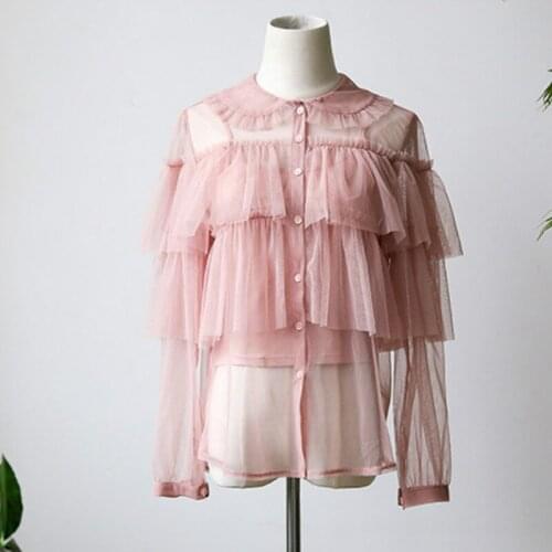 Summer 2019 Pink Vintage Mesh Women Clothes Transparent Blouse Ruffle Tops Elegant Long Sleeve Shirt Thin Ladies Blusas QH184