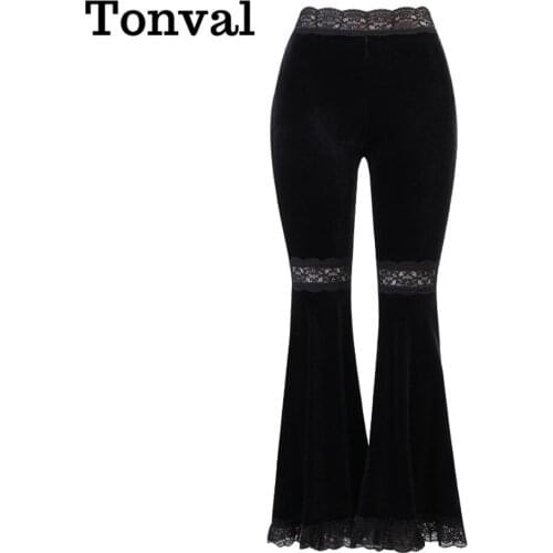 Tonval Black Velvet Lace Trim High Waist Slim Fit Flare Pants Vintage Clothes Women Trousers Streetwear Skinny Pants