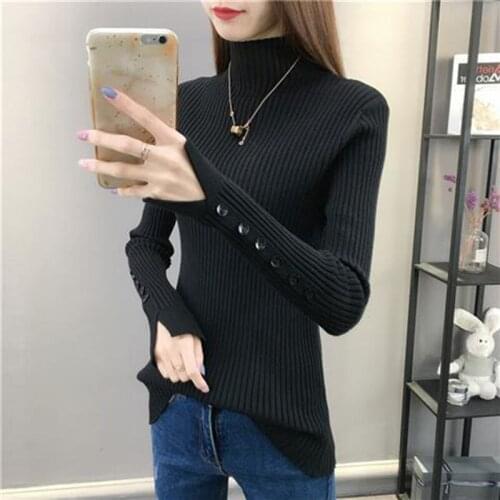 Autumn Women Pullover Sweater Casual Turtleneck Button Buttons Long Sleeve Slim Jumper Tops Vintage Office Lady Knitted Sweaters