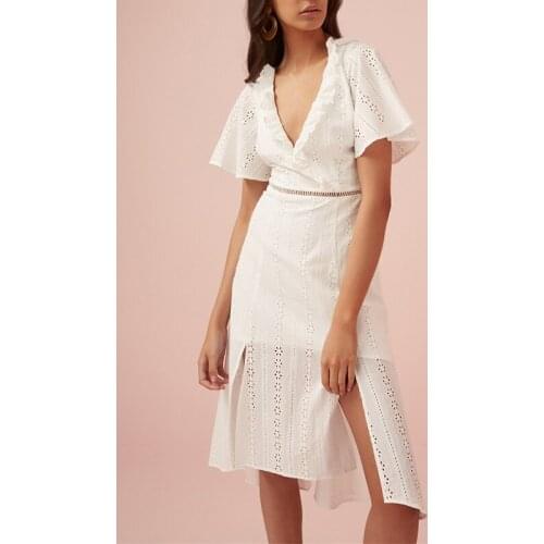 New Sexy V-neck Open Back Lace Up Waist Hem Split Irregular Dress for Women Elegant White Cotton Hollow Out Split Cute Dress