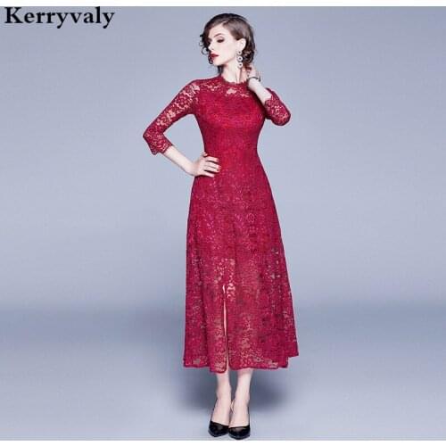New Autumn Hollow-out Red Lace Midi Dresses Moda Mujer 2021 Women Shirt Casual Party Dress Robe Grande Taille Femme K8320