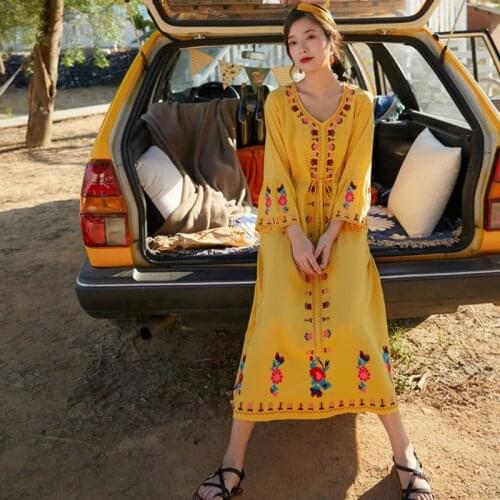 KHALEE YOSE Floral Embroidery Dress Black Yellow Vintage Boho Chic Dresses V-Neck Women Long Sleeve Chic Gypsy Hippie Dress