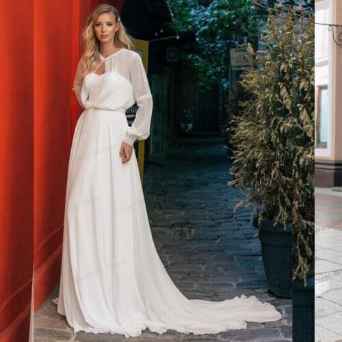 Boho Bridal Long Sleeve Wedding Dresses Bohemian For Women A Line 2021 Robe Longue Simple Beach Chiffon Long Wedding Gown