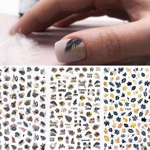 1PC Gold Black Holographics 3D Nail Sticker Laser Tropical Plants Leaves Tree Transfer Decals For Nails Summer Nail Art Decorati