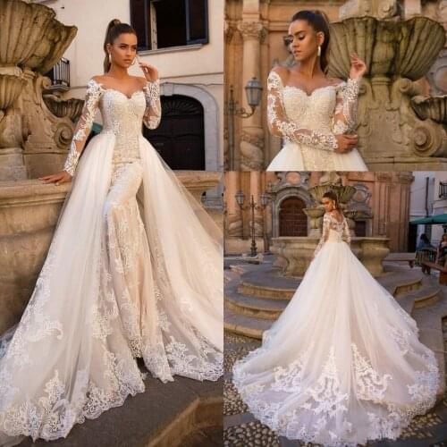 2020 Sexy Plus Size Mermaid Wedding Dresses Sweetheart Off Shoulder Lace Appliques Beads With Detachable Train Button Back