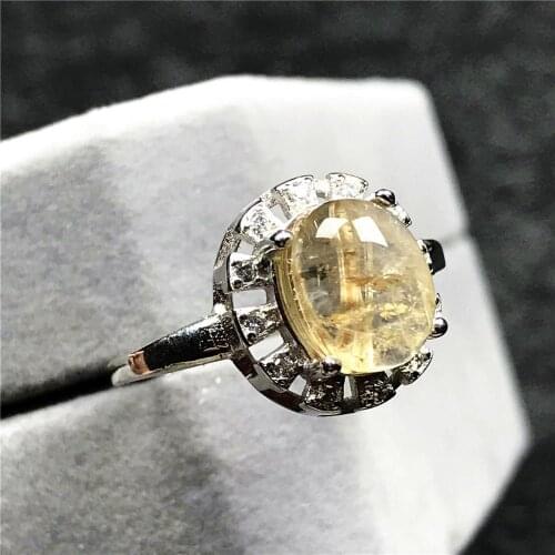 9x7mm Top Natural Gold Rutilated Quartz Ring For Woman Lady Man Crystal Oval Beads Silver Gemstone Adjustable Ring Jewelry AAAAA