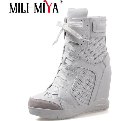 MILI-MIYA New Fashion Women Genuine Leather Autumn Winter Ankle Boots Black White Height Increasing Lace Up Leisure Wedge Shoe