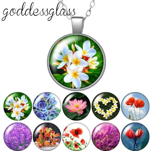 Flowers Poppy Plumeria rubra lavender Round Glass glass cabochon silver plated/Crystal pendant necklace jewelry for Gift