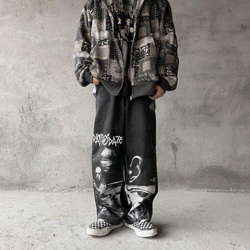 2021 New Summer Fashion Ins Street Hip-hop Printing Wash Jeans Loose Casual Denim Wide Leg Pants Tide Woman vintage streetwear