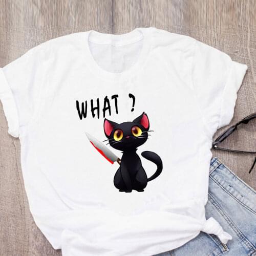What evil black cat and knife Halloween female t-shirt cat animal t-shirt Harajuku graphic t-shirt funny street clothes female