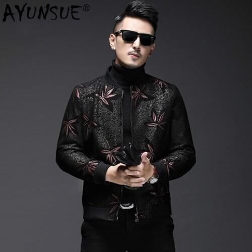 AYUNSUE Mens Real Leather Jacket Men Autumn Sheepskin Coat Short Slim Motorcycle Bomber Jacket Genuine Leather Jackets L18-4800