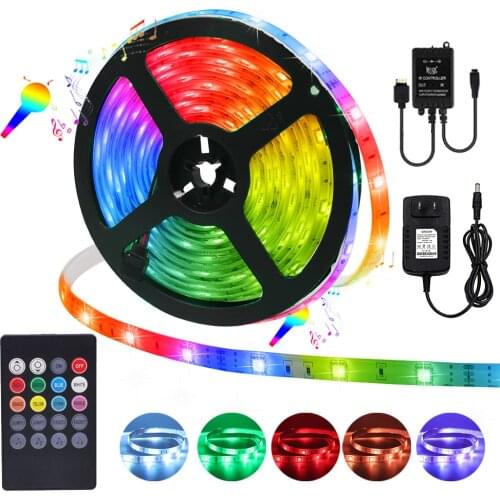 DC12V RGB LED Strip Light with Music Remote Control 5050 30LEDs/M Flexible LED Tape Waterproof LED Ribbon EU/US/AU/UK Set 5M 10M