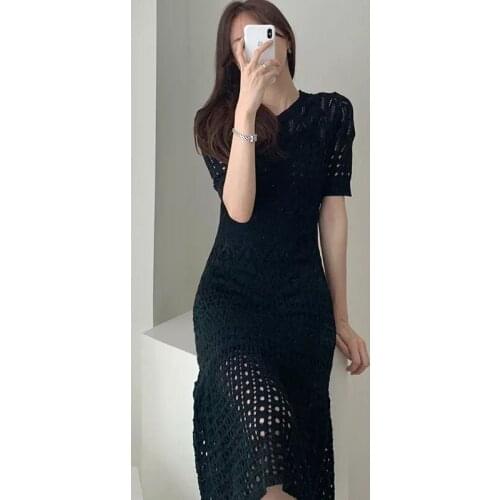 2021 Summer New One-Piece Hollow Out Knit Dress Women Korean Elegant Ladies Short Sleeves Vintage Fashion Female Sweaters Dress