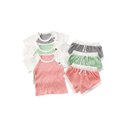 0-3Y Newborn Infant Baby Girls Boys Clothes Sets Solid Patchwork Short Sleeve T Shirts Tops+Shorts 2pcs