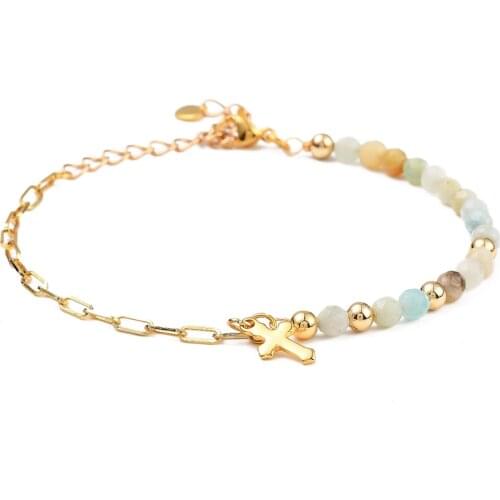 Pendant Chain Bracelet & Bangle with Natural Rhodochrosite Beads Stainless Steel Cross Charms Bracelets For Women Jewelry