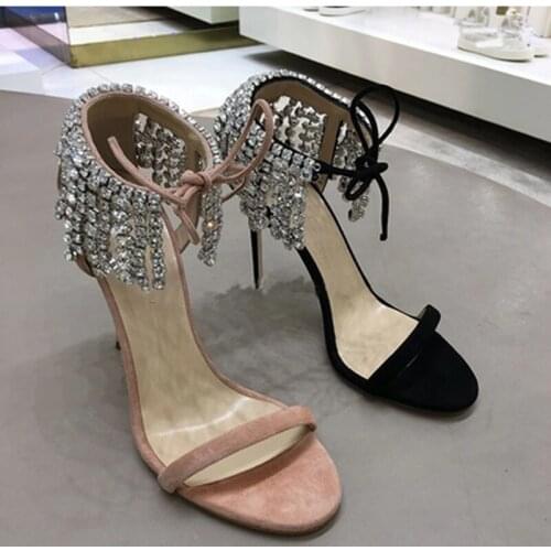 Ladies Summer Back Tassel Rhinestone Lace up Sandals One Strap Female Thin High Heels Gladiator Party Crystal Sandalias