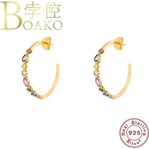 BOAKO Colored Zircon Gold Stud Earrings 925 Sterling Silver Earrings For Women Pendientes Brincos Arete For Gifts Fine Jewelry