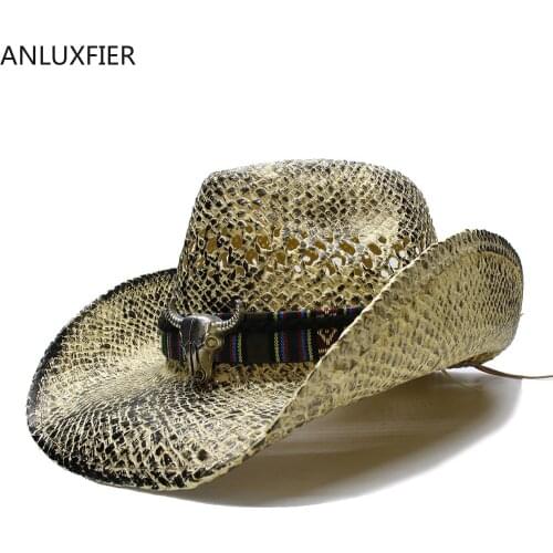 A160 Adult Summer Raffia Hats Retro Big Cow Leather Belt Beach Caps Men Women West Cowboy Hat Raffia Straw Cap Adjustable Size