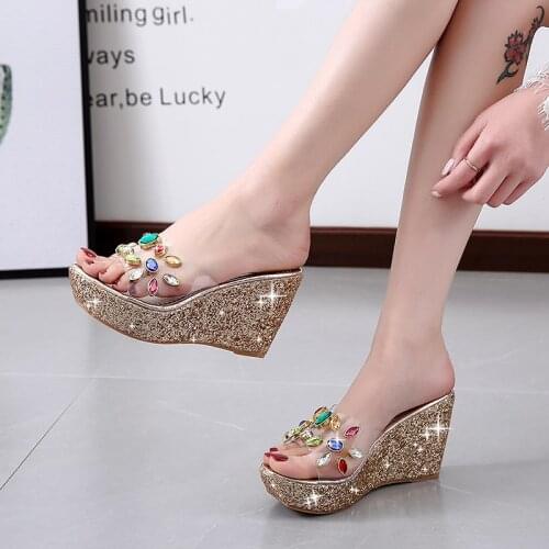 2021 Women Transparent Clear Crystal Sequins Platform Wedge Thick Sole Sandals High Heels Mules Slides Summer Beach Shoes