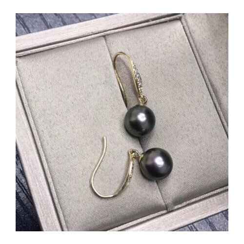 925 Sterling r Hook charming pair of 10-11mm tahitian round black green pearl earring