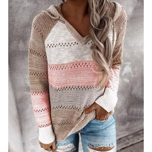 Womens Color Block Hoodies Lightweight Knit Sweaters Long Sleeve Casual Striped V Neck Pullovers Sweatshirts Tops