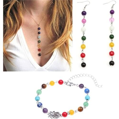 Chakra Gem Stone Beads Pendant Necklace Earring Set Women Yoga Reiki Healing Balancing Maxi Chakra Anklet New Jewelry Kit