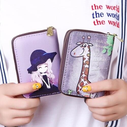 Women Card Holder Wallet PU Leather Female Card Case 9 Bits/10 Bits + 2 Big Position Zipper Card Wallet Cute Characters Card Bag