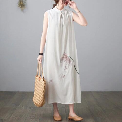 Plus Size Womens Summer Print Dress Sleeveless 2021 fashion Vintage Dress Loose Robe Linen cheongsam Sexy Female Long Dresses