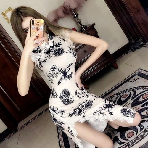 Women Sexy Club Bodycon Lace New Qipao Long Dress Chinese Style Retro Print Cheongsam Traditional Banquet Party Dance Costumes