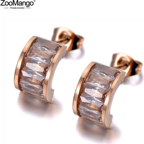 ZooMango Sparkling Titanium Stainless Steel White/Black CZ Crystal Earrings Trendy Semicircle Stud Earrings For Women ZE19323