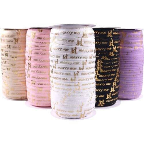 100 yards/lot, Gold Metallic "marry me" Print Fold Over Elastic, great for Headbands and Hair Ties, Valentines Day- 5/8"