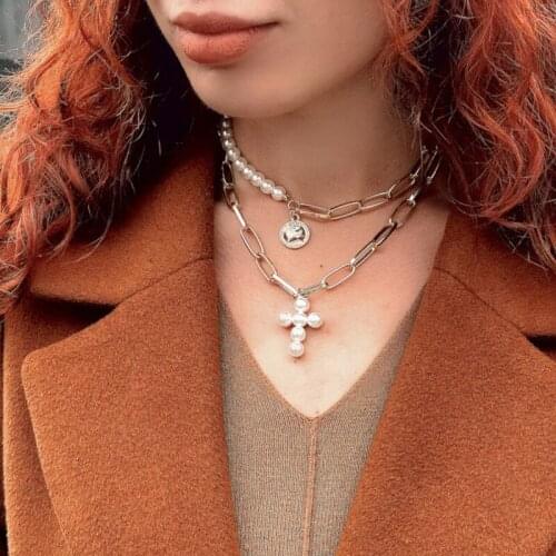 2020 New Personality Layered Pearl Choker Cross Pendant Necklace Bohemian Carve Portrait Coin Necklace Sets for Women Jewelry