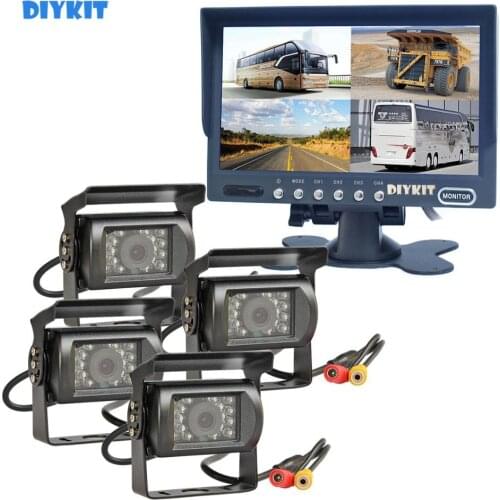 DIYKIT 7" 4 Split QUAD Rear View Monitor Car Monitor + CCD IR Night Vision Backup Rear View LED Camera Waterproof for Truck Bus