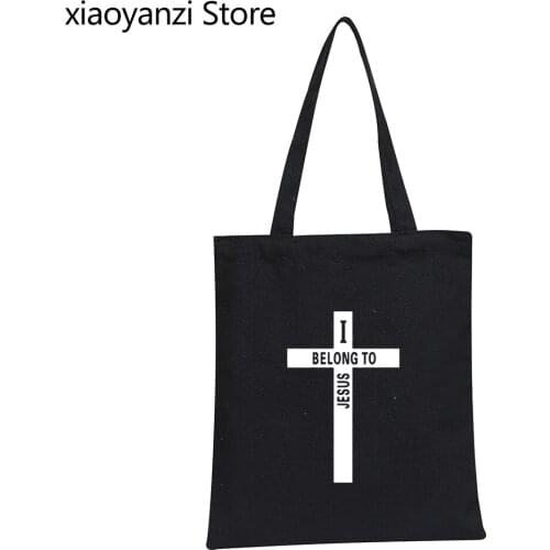 2021 New Eco Reusable Girls Fashion Handbag Black Ladies Shopper Bags cross print JESUS High Quality Shoulder Bag Canvas Bag