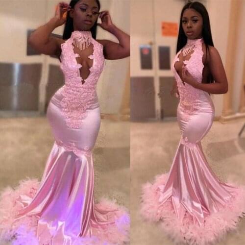 Elegant Evening Dresses Halter Lace Appliques Feathers Prom Gowns Custom Made Sweep Train Mermaid Party Special Occasion Dress