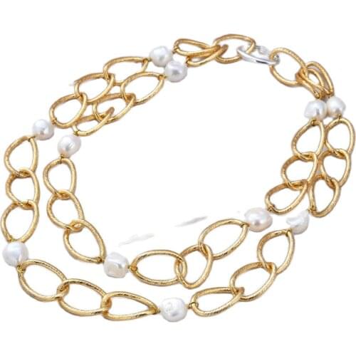 GG Jewelry Natural Pearl 39" 12-14MM Baroque Keshi Pearl Gold Color Plated Chain Necklace For Lady Women Jewelry Gift