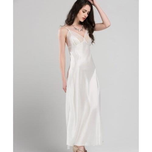 Lace Sexy Sling Sleeping Dress Satin Silk Sleepwear Women Faux Silk Long Bathrobes Female Sleeveless V-Neck Nightgowns C1618