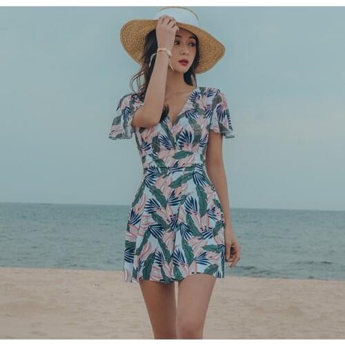 SANQi swimsuit female conservative one-piece skirt was thin cover belly short sleeve high waist large size hot spring swimwear