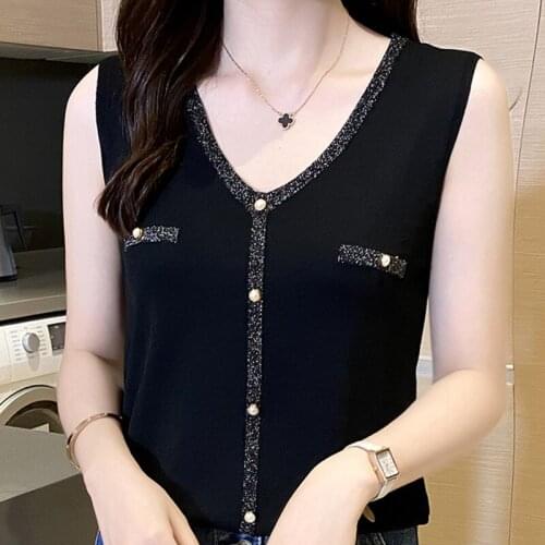 Tank Top Women Summer Sleeveless Black Knitted Tank Top Pullovers Tops for Women Top Mujer Verano 2021 V-Neck Knit Tank Top E807