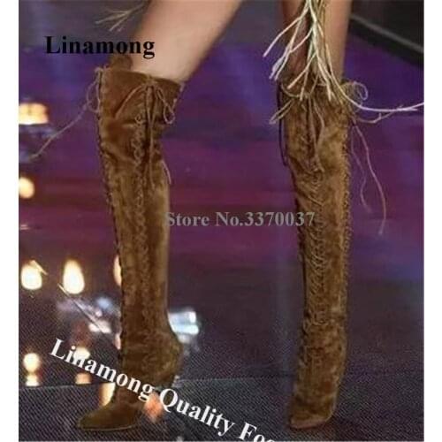 Linamong Fashion Pointed Toe Over Knee Suede Leather Stiletto Heel Gladiator Boots Brown Leopard Lace-up Long High Heel Boots
