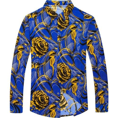 New Male Fashion Printing Spring Shirt Long Sleeve Floral Mens Dress Shirts