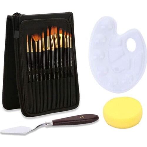 Paint Brushes Set 12 Sizes Draw Painting Brush Kit with Standing Organizer Mixing Knife Watercolor Sponge for Canvas
