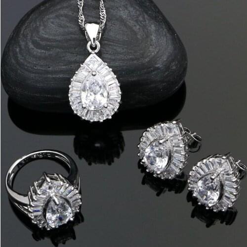 Silver 925 Bridal Jewelry Sets For Women White Cubic Zirconia Water Drop Earrings Ring Necklace Pendant Set