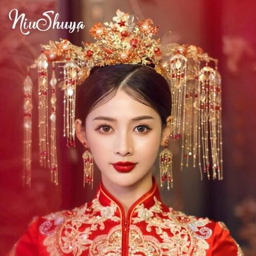 NiuShuya Gorgeous Retro Chinese Big Size Hairwear Phoenix Coronet Long Tassel Red Flower Wedding Stage Hair Accessory