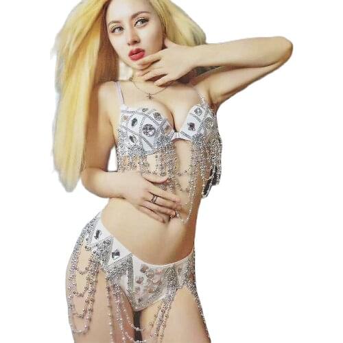 Shining Diamonds Silver Beaded Chain Tassel Women Bra Shorts Bikini Pole Dance Outfit Stage Wear Carnival Performance Costumes